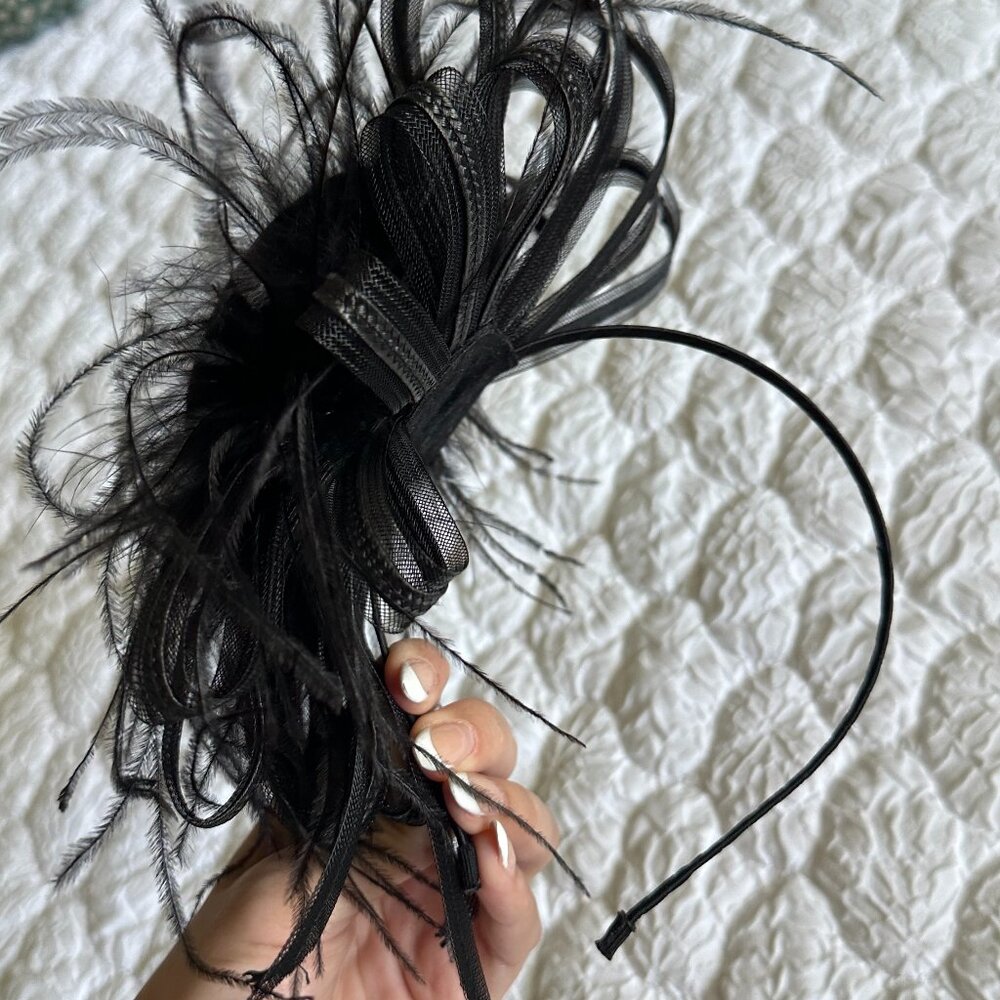 Black Headband with Rose and Feather Accessory
